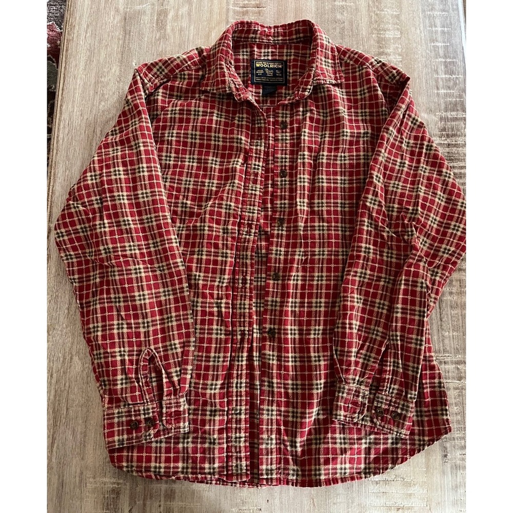 Vintage Woolrich Red and Tan Plaid Long-sleeve Button Up Top Sz L
